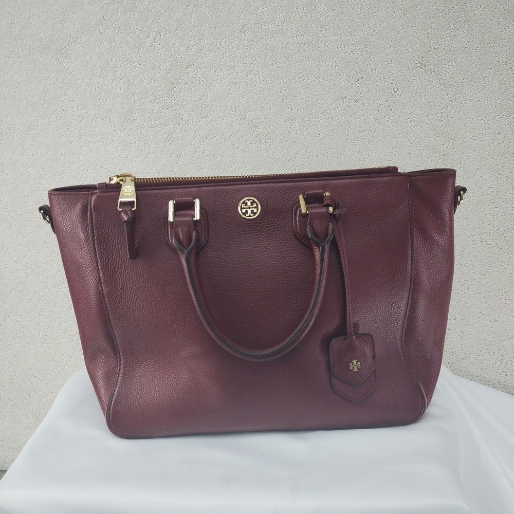 Tory Burch Maroon Pebbled Leather Double Zip Satchel Tote Gold Hardware